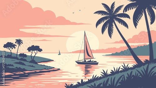 Flat design of Islamorada sunset over calm sea with boats, minimalist pastel composition ideal for Florida Keys travel posters and modern tropical wall prints
