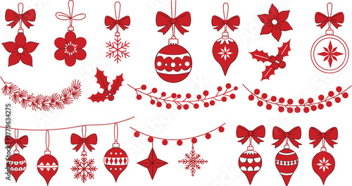 Red Christmas ornaments and decorations collection, festive holiday garland, snowflakes, baubles, holly leaves, bows, and winter floral elements design