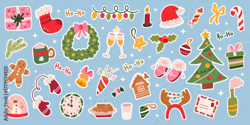 Christmas and New Year sticker set. Festive clipart collection with gifts, sweets, and holiday decorations. Vector elements for planners, cards, and scrapbooking.
