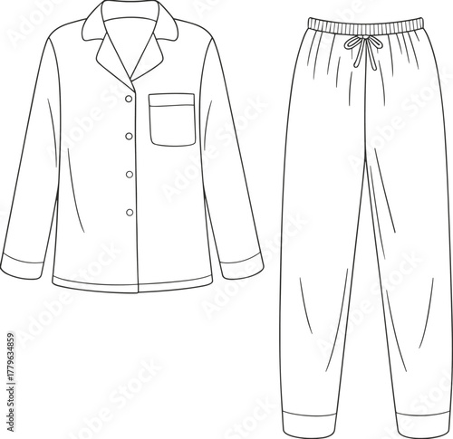 Pajama set illustration, two piece sleepwear, button up shirt design, elastic pants drawing, flat vector style, CAD fashion sketch, clothing artwork