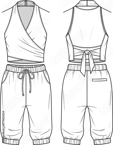 Two-piece outfit technical sketch, wrap crop top and jogger pants design, sporty fashion illustration, apparel construction vector, clothing flat drawing, activewear template