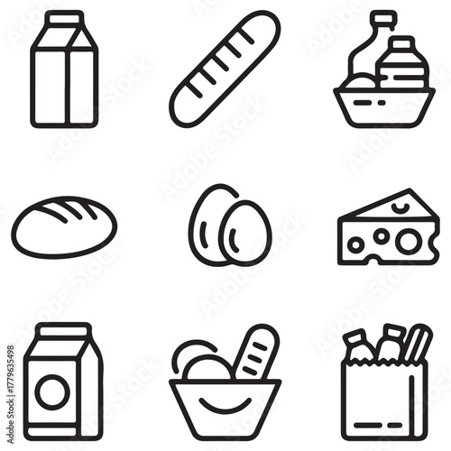 Supermarket Shopping Icon Pack – Basket, Bag, Groceries Outline Vector