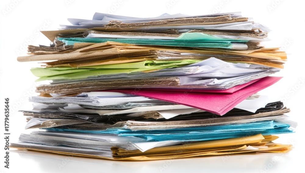 Obraz premium Large stack of colorful papers and folders on a white background.