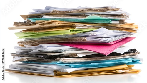 Large stack of colorful papers and folders on a white background.