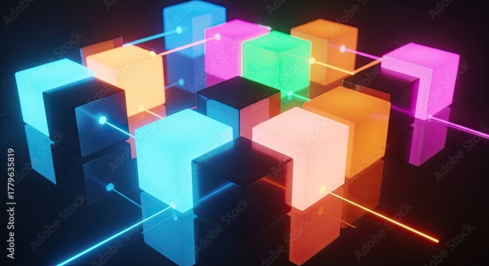 Obraz premium Vibrant glowing cubes connected by light beams represent innovative network and data flow