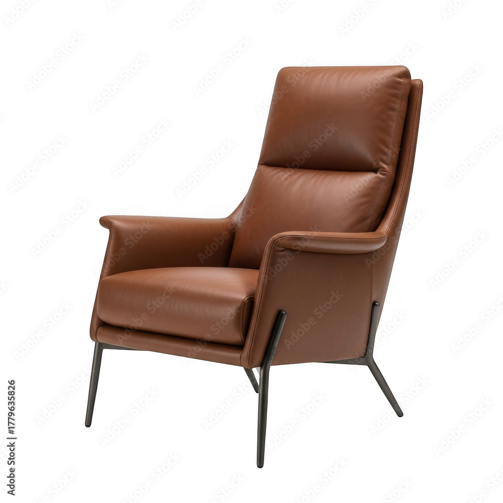 Obraz premium Modern tan leather high back armchair with sleek metal legs isolated on transparent background