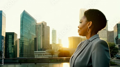 An African American businesswoman in a white formal suit against the backdrop of skyscrapers. Business professional in formal wear confidently poses with urban skyline background.