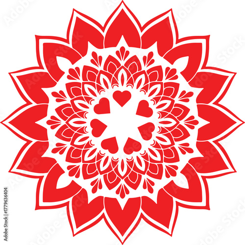 Red Mandala Floral Ornament: A symmetrical and intricate floral mandala design, rendered in a striking red color, embodies beauty, balance, and spiritual harmony.