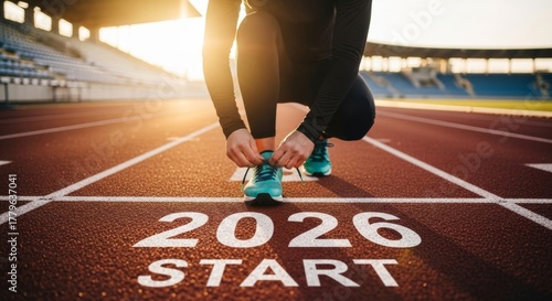 Athlete tying shoelaces at start line with 2026 goal, golden hour stadium