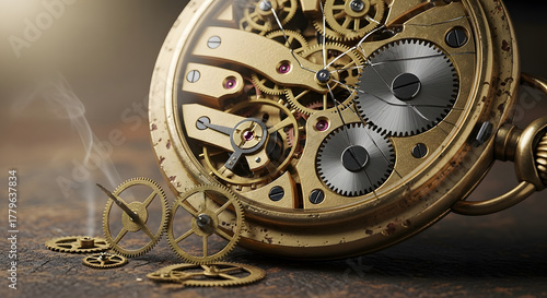 Timeless Mechanics Unveiled: A close-up view of an antique watch reveals the intricate mechanics. Golden gears and delicate components are visible.