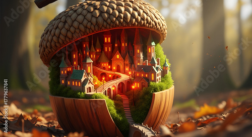 Enchanted Acorn Village: A magical, miniature village nestled inside a giant acorn shell, revealing a whimsical world. The detailed scene captures the imagination, portraying tiny houses.