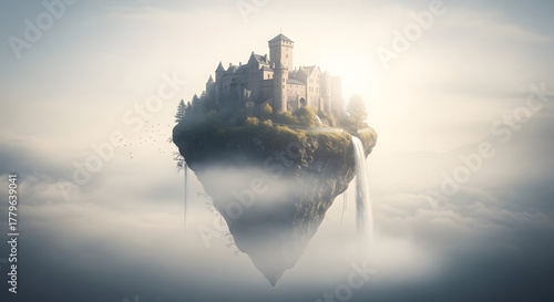Floating Castle Above the Clouds: A majestic stone castle rests atop a floating island amidst a sea of fluffy clouds, sunlight streaming through a waterfall, evoking a sense of wonder and enchantment.