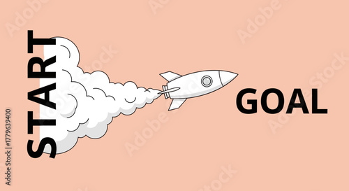 Vector illustration of a rocket ship launching from start to goal, symbolizing business startups, progress, and achieving future ambitions