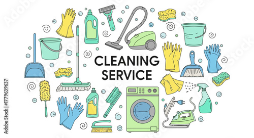 Professional Cleaning Service Concept Vibrant Illustration of Essential Household Tools and Equipment for Home Hygiene and Domestic Tidiness