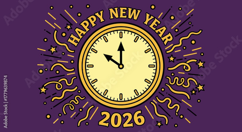 Happy New Year 2026 festive greeting card design featuring a midnight countdown clock with confetti and streamers on a purple background