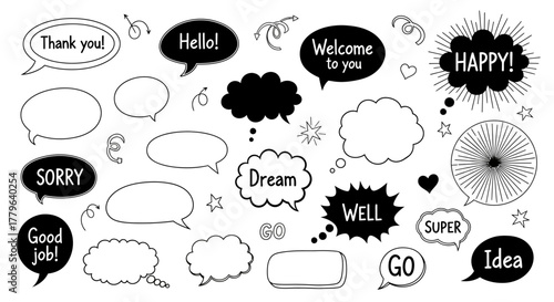A diverse set of hand-drawn doodle speech bubbles and comic text clouds for communication and expressive messages