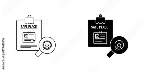 Clipboard with safe place document and magnifying glass