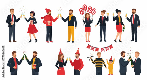 Diverse groups of happy people celebrating New Year 2026 with champagne toasts, party hats, and festive decorations, enjoying a joyful start to the new year