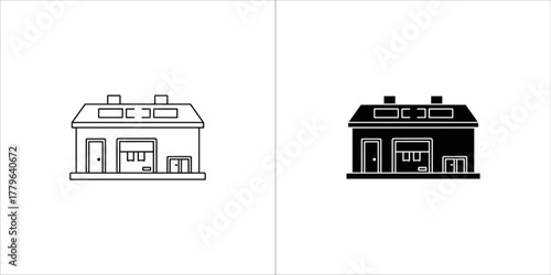 Two icons of a warehouse, one outline and one solid