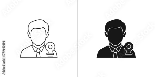 Two icons of a person with a tie and a badge, one outline and one solid
