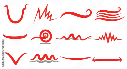 A collection of hand-drawn red brush stroke elements, including underlines, swirls, and scribbles, perfect for adding emphasis and flair to designs
