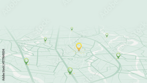 Central location point connected to multiple destinations on city map, navigation and route planning concept. Vector illustration.