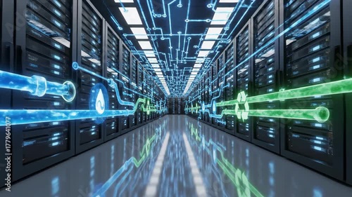 Sustainable Data Center Operations with Green Energy and Water Cooling Solutions.