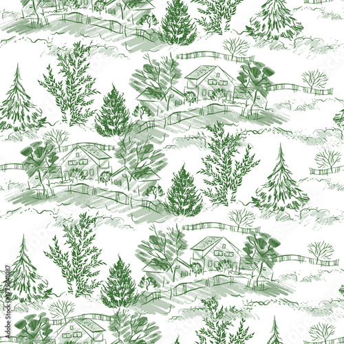 Seamless Countryside Pattern with Houses and Trees.
