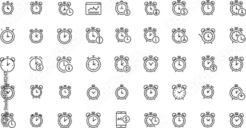 Alarm clock icon set, time management symbols, business productivity concept, schedule reminder, deadline, countdown, stopwatch, digital planning