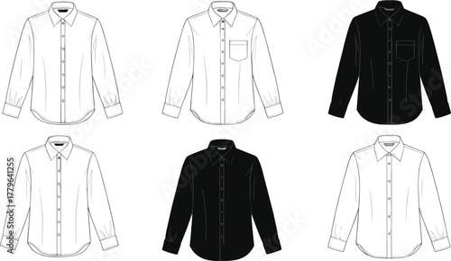 Black and white long sleeve shirt fashion flat sketch vector, formal clothing design template, apparel technical drawing illustration
