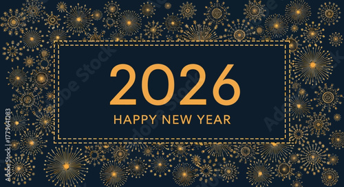 Festive 2026 New Year Celebration with Sparkling Floral Design on Dark Blue Backdrop