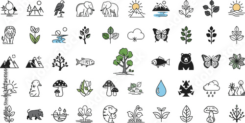 Colorful wildlife and nature icon set featuring animals, trees, plants, mountains, water, and ecosystem symbols in flat vector style