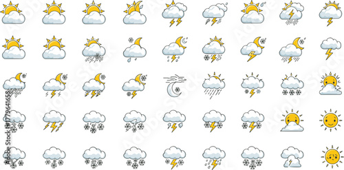 Colorful weather forecast icon set showing sun, clouds, rain, thunderstorm, snow, wind, and night symbols for meteorology use