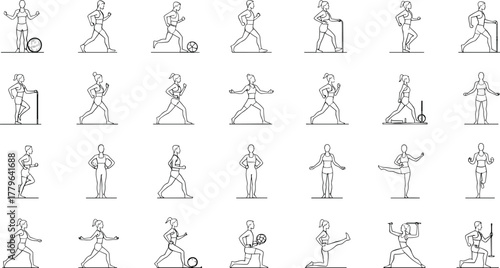 Continuous line drawing of fitness exercises, workout poses, running, stretching, gym training, healthy lifestyle vector illustration set