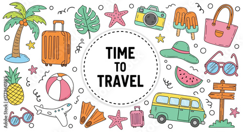 A colorful collection of hand-drawn travel and summer vacation doodle icons. Vector illustration set for holiday and tourism concepts