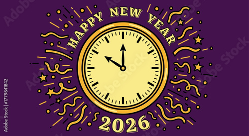 Happy New Year 2026 Celebrate with a festive clock design and vibrant elements
