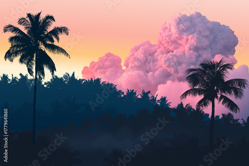 Vector Tropical Sunset Landscape with Pink Clouds and Silhouettes of Palm Trees under a Warm Evening Sky