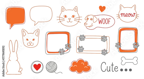 Cheery hand-drawn doodle collection featuring cute pet animal faces, expressive speech bubbles, and charming decorative frames perfect for playful designs and happy messages