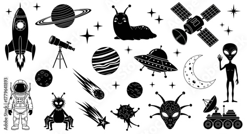 Black and white space exploration icons set with planets, astronauts, and aliens for design