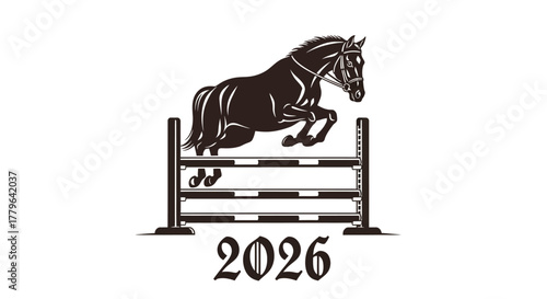 Horse jumping over obstacle with the year 2026 below, symbolizing equestrian sport and achievement