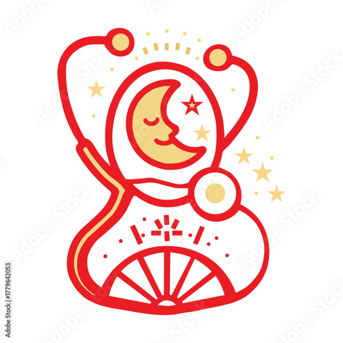 Happy Moon Stethoscope Emblem with Firework Fan and Stars, christmas, t-shirt design.