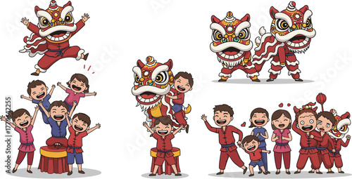 Joyful children celebrating Chinese New Year, performing lion dance, festive Asian cultural parade, colorful traditional costume, happy celebration