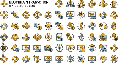 Modern blockchain transaction crypto option icons set, digital currency illustration, cryptocurrency exchange network, decentralized finance technology concept