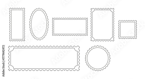 Vector collection of blank postage stamp outlines and decorative frames featuring various shapes and serrated edges for graphic design projects and creative branding