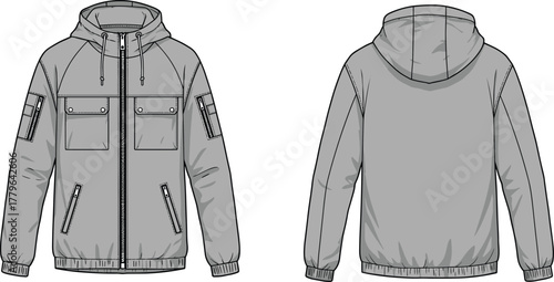 Modern gray hooded bomber jacket vector template with zipper front, flap and zip pockets, elastic cuffs, and hem design