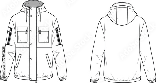 Modern hooded winter jacket vector template with zipper closure, snap buttons, flap and zip pockets, and elastic cuffs