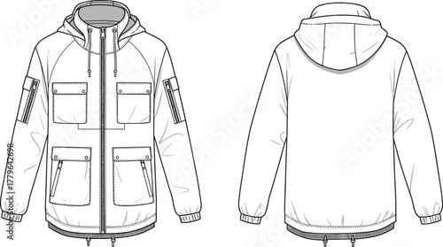 Modern technical utility jacket vector template with hood, zipper front, flap pockets, adjustable hem, and long sleeves design