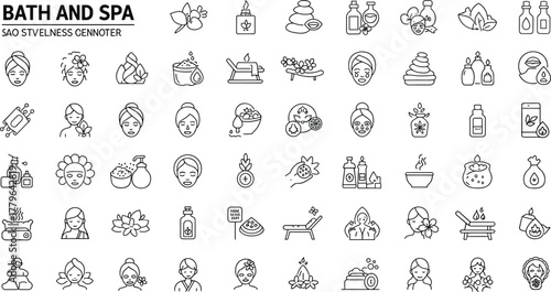 Spa and wellness outline icons collection with beauty treatment, massage therapy, aromatherapy, skincare, and relaxation elements
