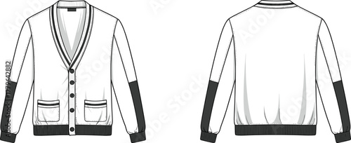 Stylish button-up cardigan sweater flat sketch with front pockets, ribbed cuffs, contrast panels, front and back view illustration