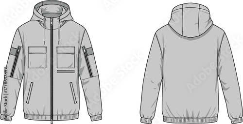 Technical winter hooded jacket vector template with zipper pockets, chest flaps, elastic cuffs, front and back view illustration